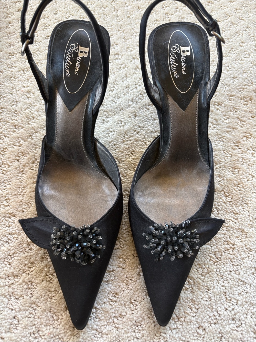 Browns Couture Black Pointed Slingback Heels with Beaded Accent
